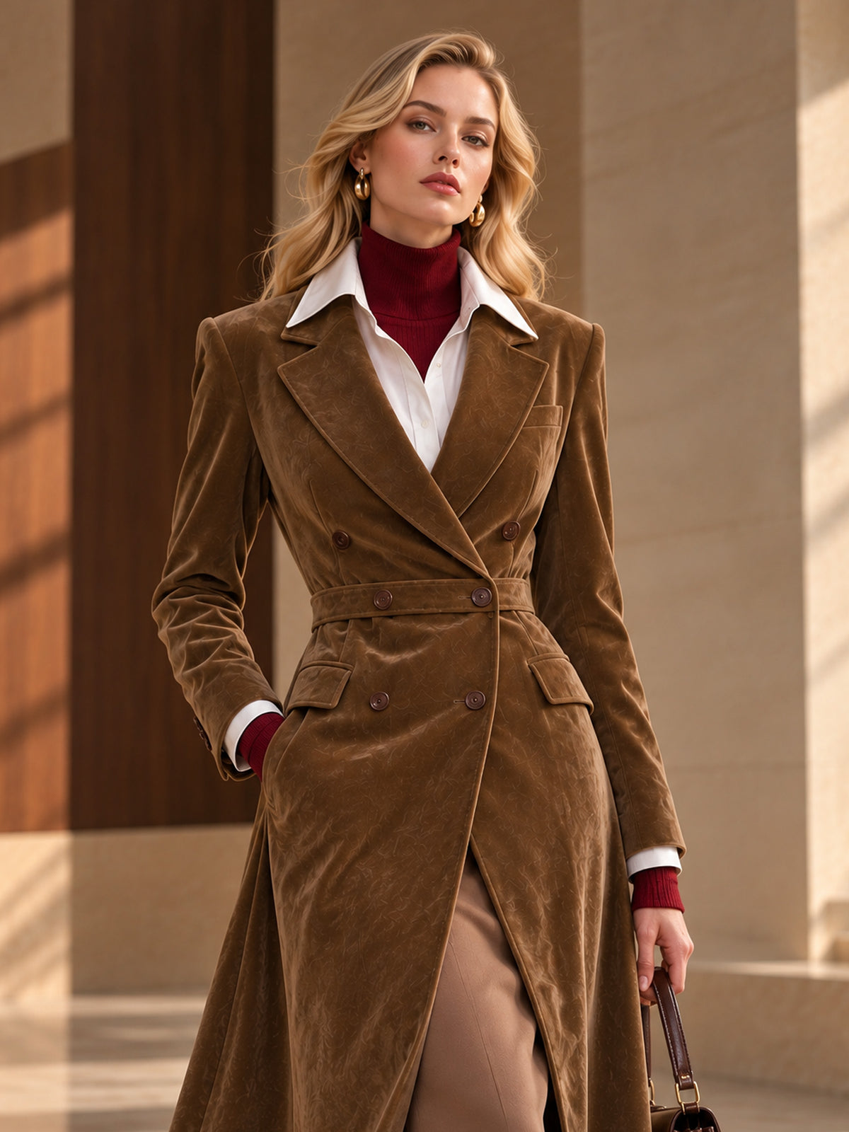Corduroy Waist-Tied Flared Long Coat