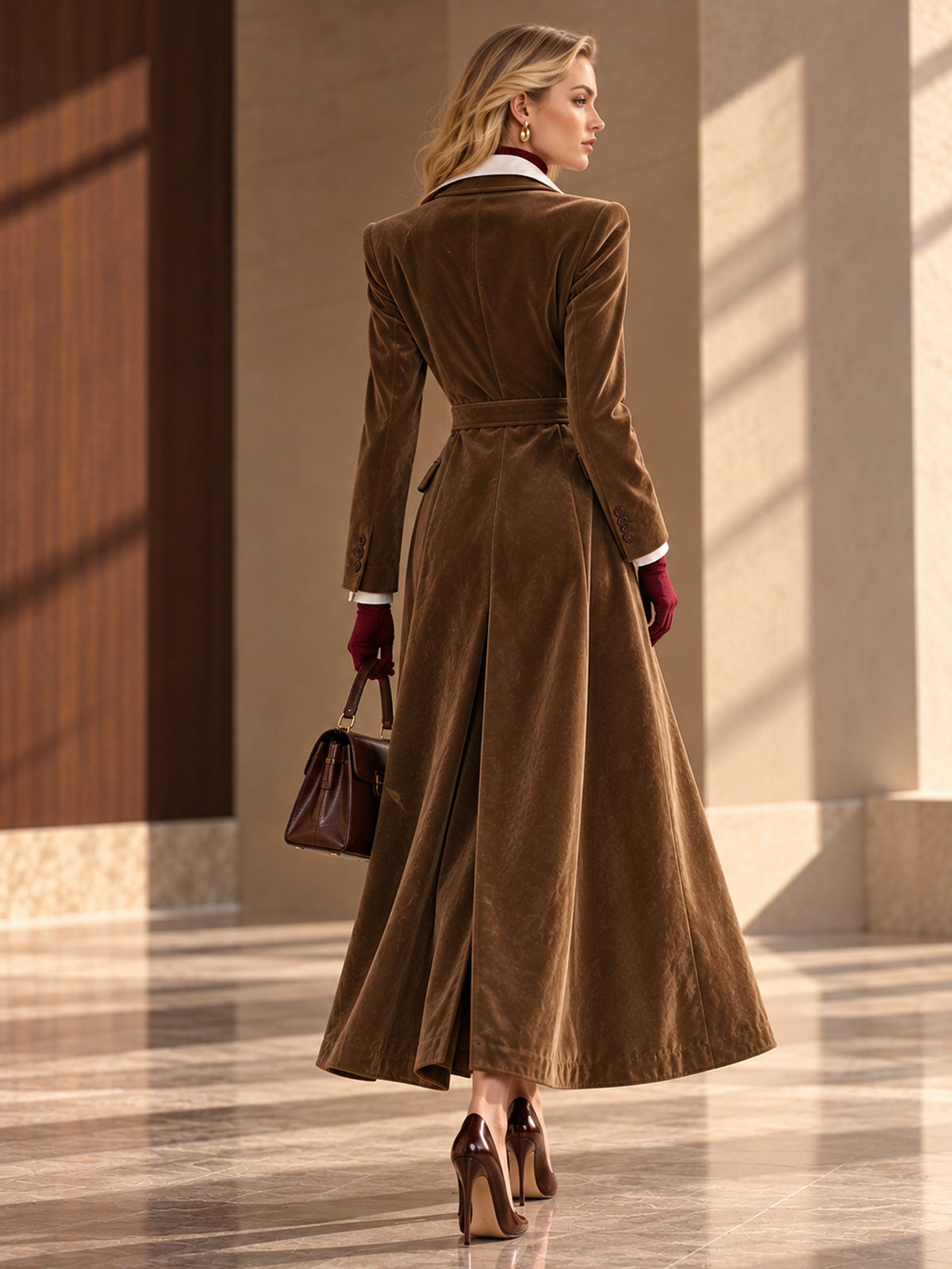Corduroy Waist-Tied Flared Long Coat