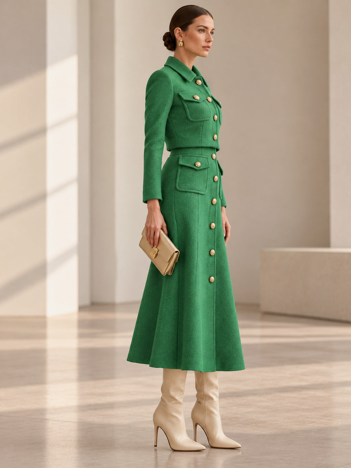 Green Collared Gold Button Cropped Jacket & Flared Midi Skirt 2-Piece Suit