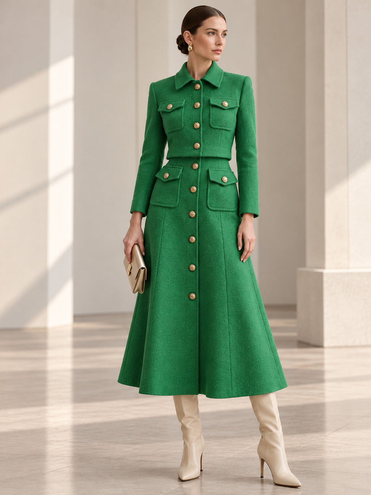 Green Collared Gold Button Cropped Jacket & Flared Midi Skirt 2-Piece Suit