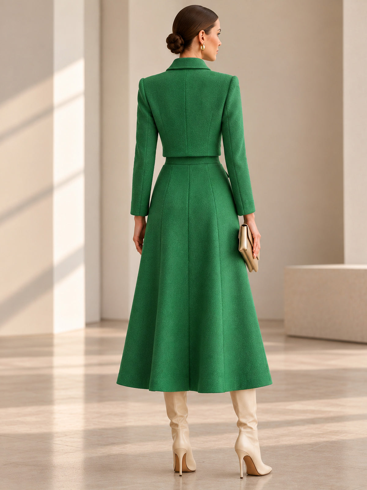 Green Collared Gold Button Cropped Jacket & Flared Midi Skirt 2-Piece Suit