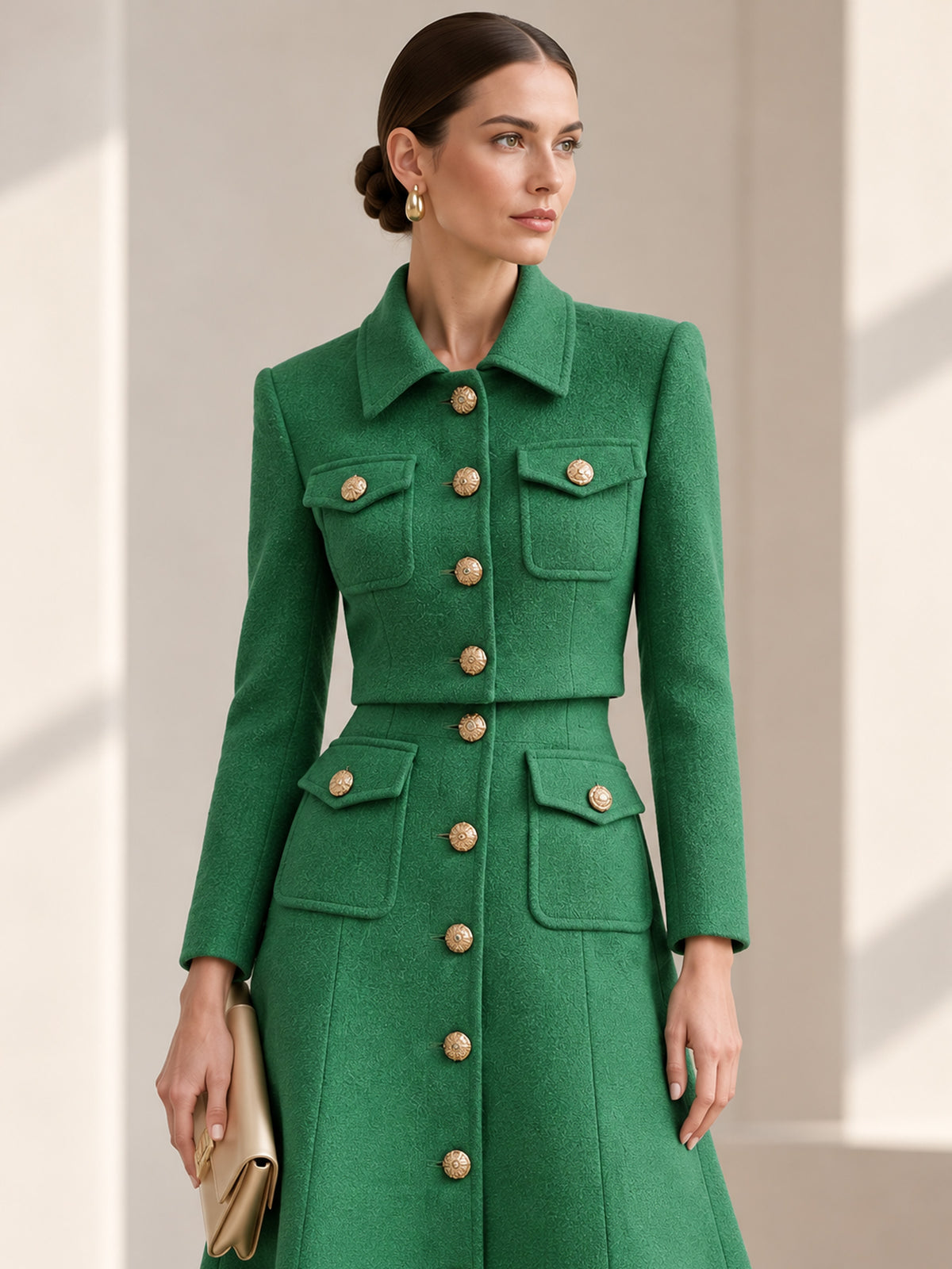 Green Collared Gold Button Cropped Jacket & Flared Midi Skirt 2-Piece Suit