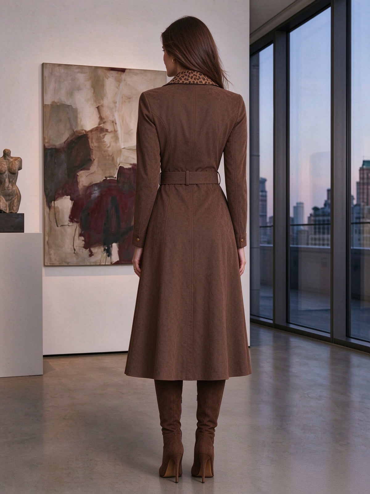 Brown Suede Long Coat with Leopard Print Collar & Waist Belt