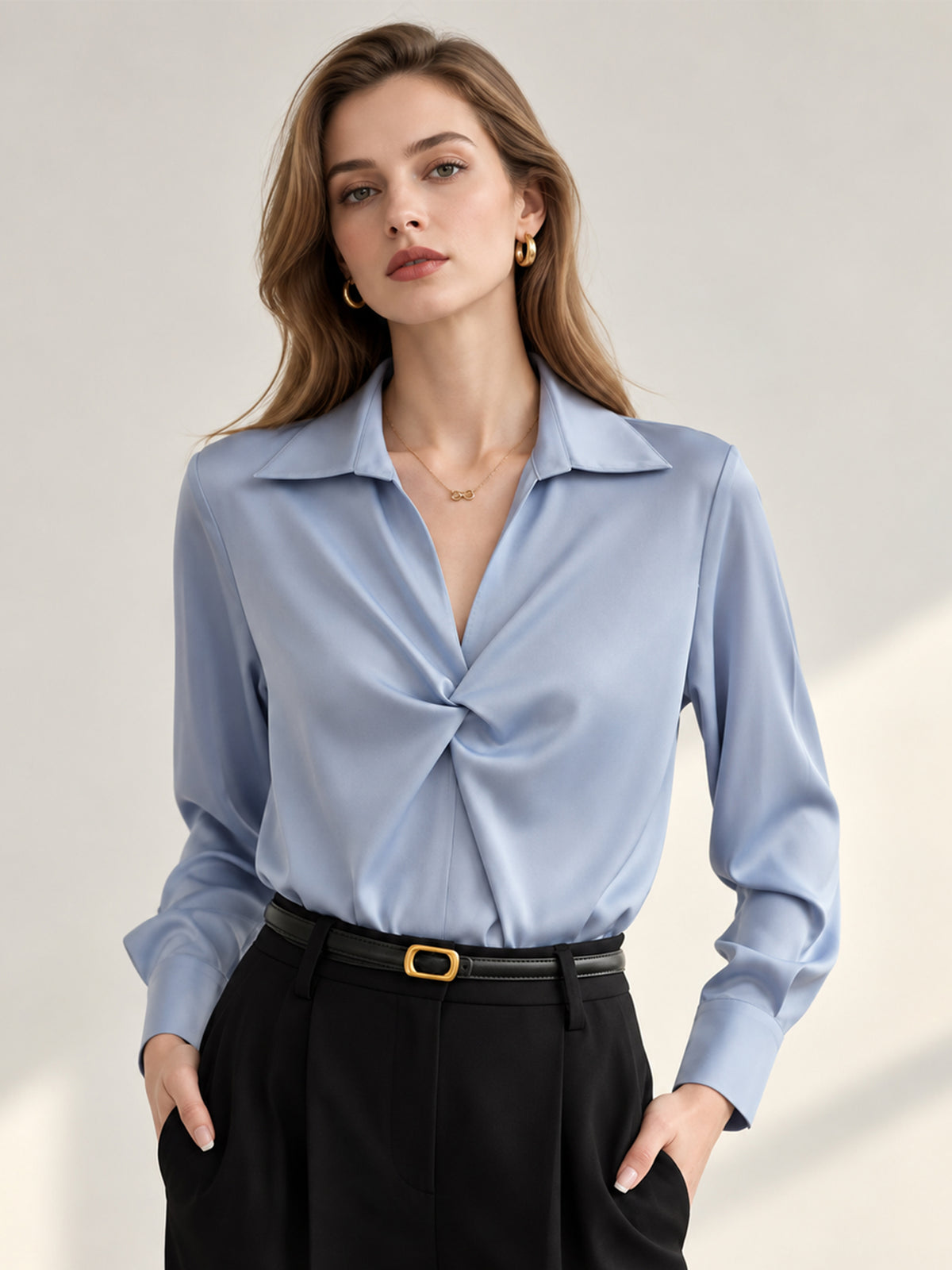 Blue V-Neck Twist Front Shirt