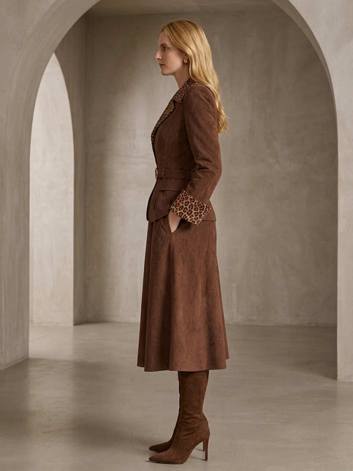 Brown Faux Suede Leopard Blazer & Flared Midi Skirt 2-Piece Suit