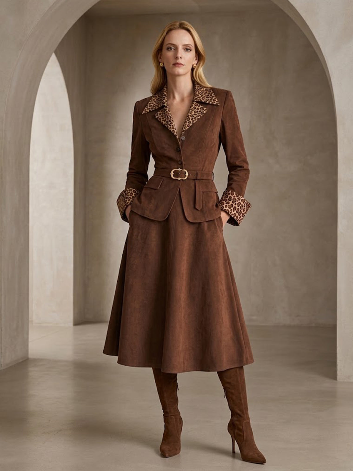 Brown Faux Suede Leopard Blazer & Flared Midi Skirt 2-Piece Suit