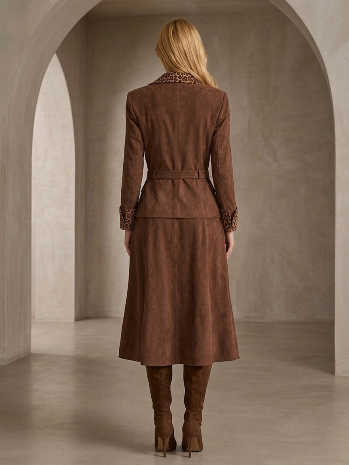 Brown Faux Suede Leopard Blazer & Flared Midi Skirt 2-Piece Suit