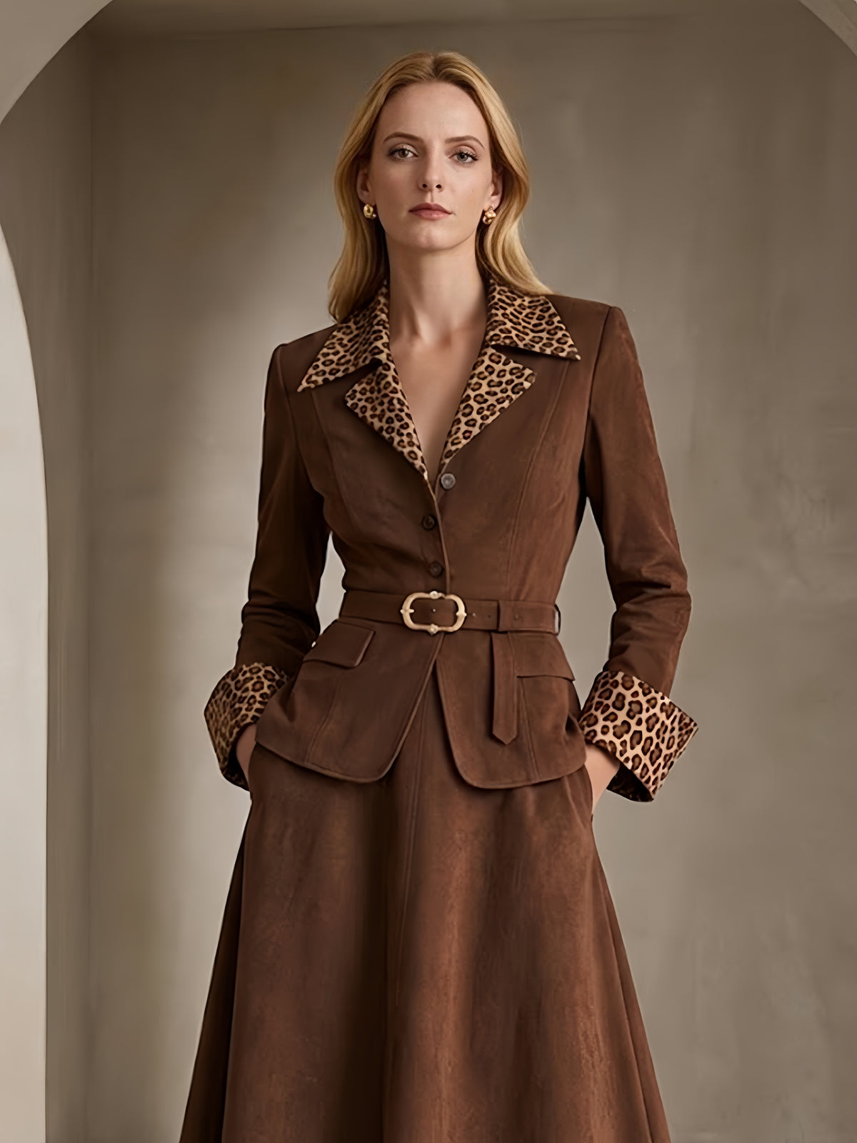 Brown Faux Suede Leopard Blazer & Flared Midi Skirt 2-Piece Suit