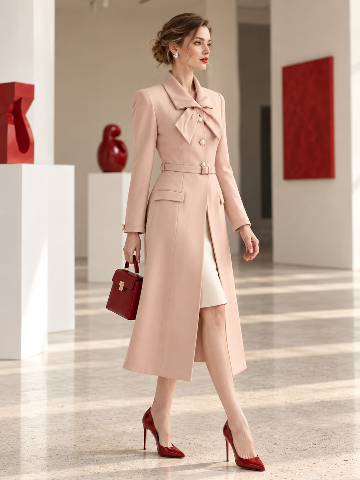 Light Pink Bow Collar Belted Waist Long Coat