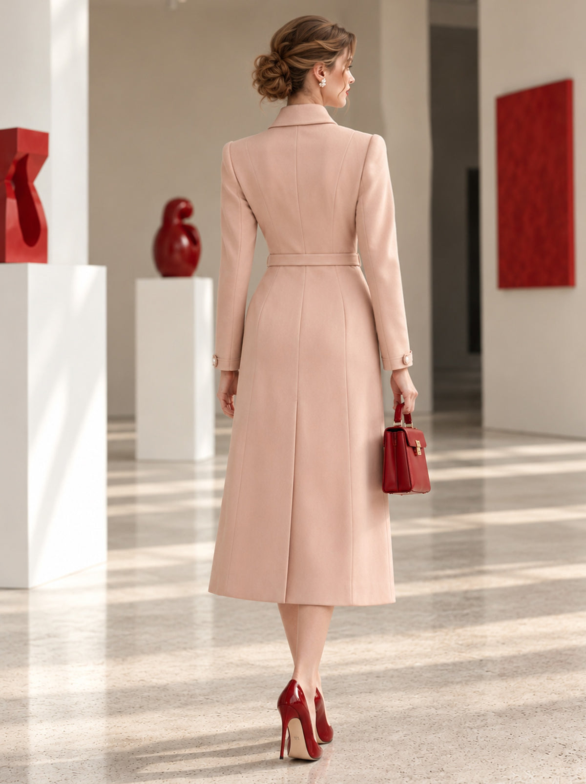 Light Pink Bow Collar Belted Waist Long Coat