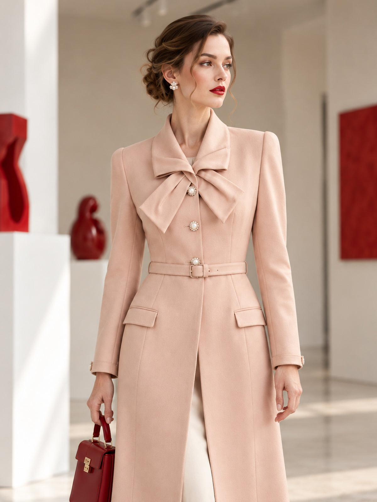 Light Pink Bow Collar Belted Waist Long Coat