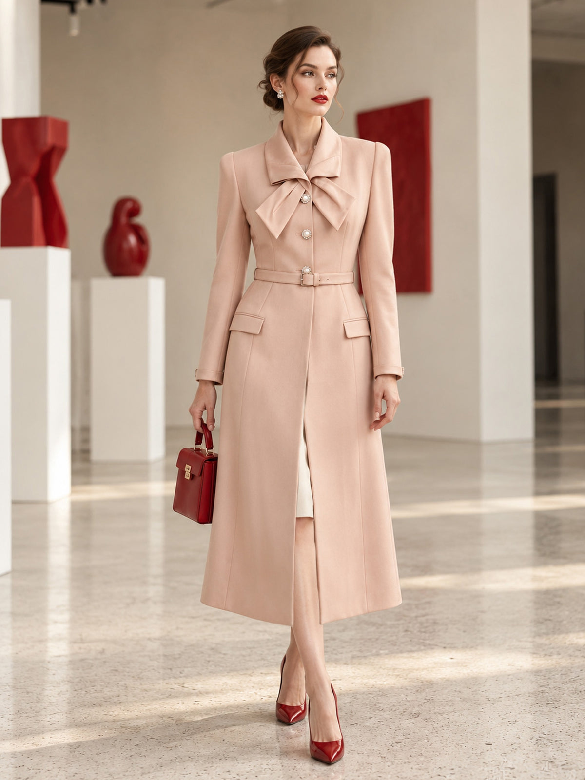 Light Pink Bow Collar Belted Waist Long Coat
