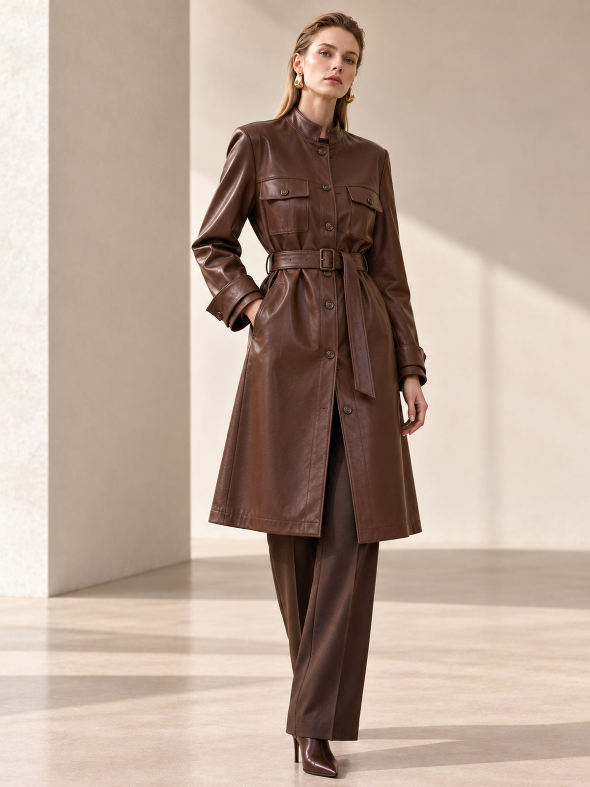 Brown Belted Leather Long Coat & Straight Pants 2-Piece Suit