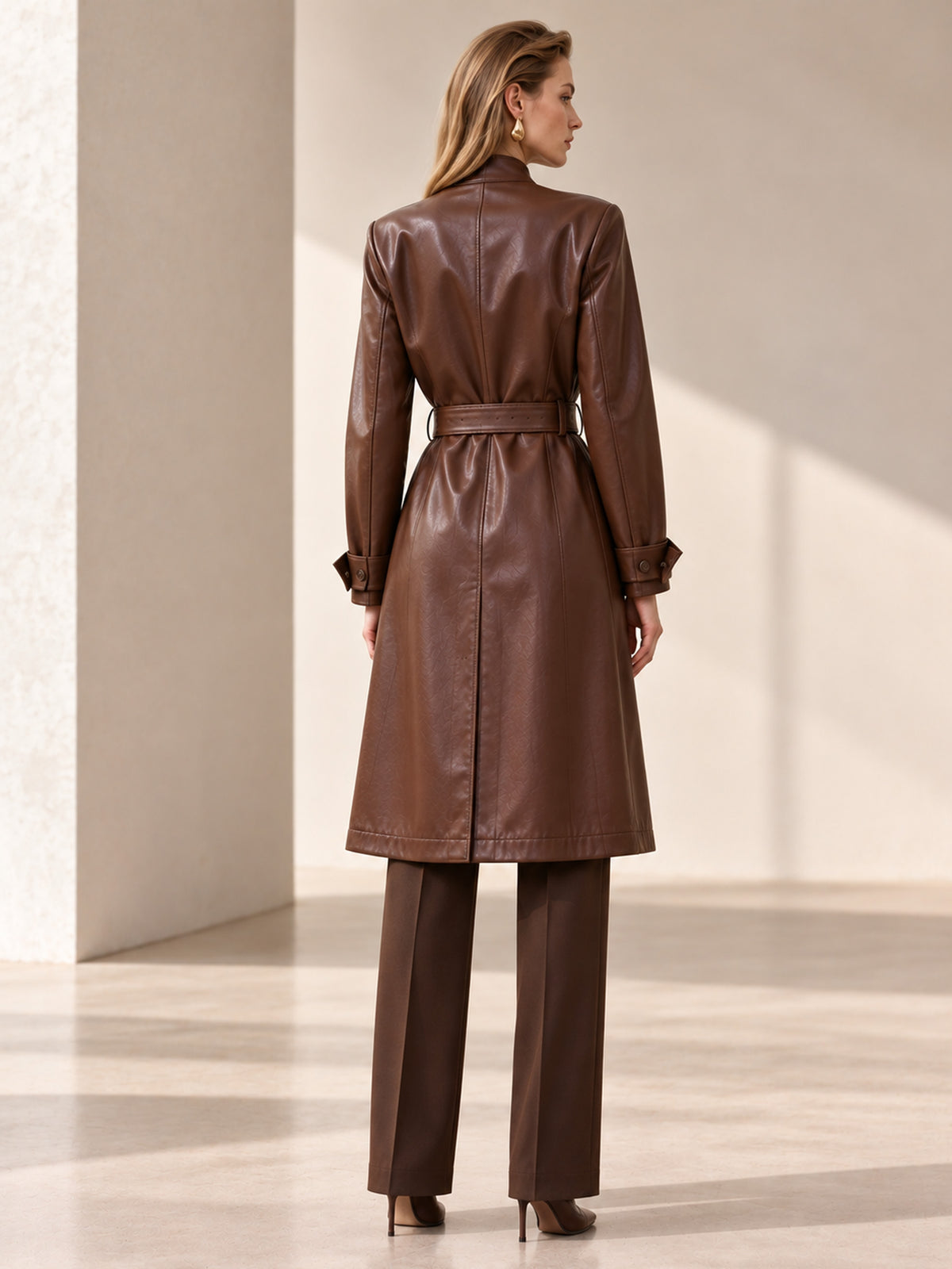 Brown Belted Leather Long Coat & Straight Pants 2-Piece Suit