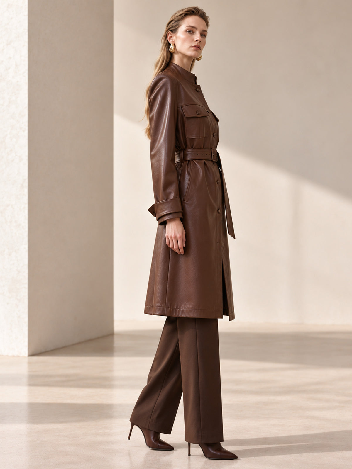 Brown Belted Leather Long Coat & Straight Pants 2-Piece Suit