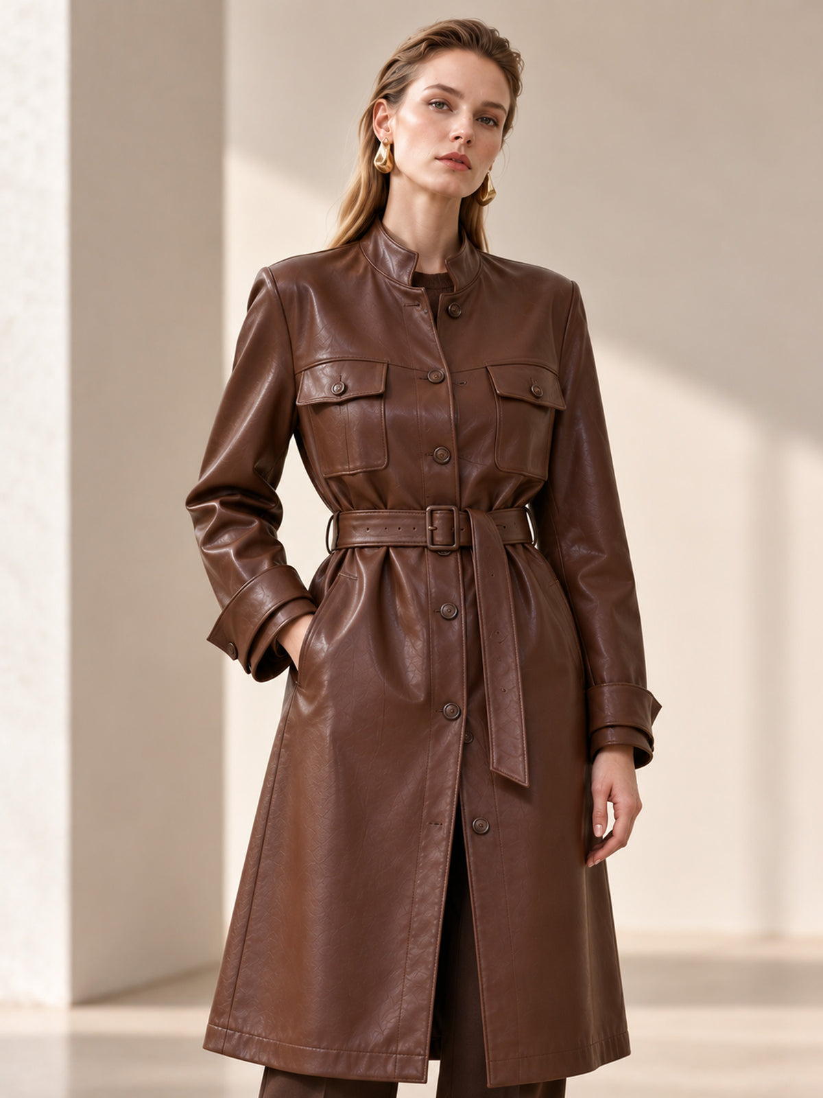 Brown Belted Leather Long Coat & Straight Pants 2-Piece Suit