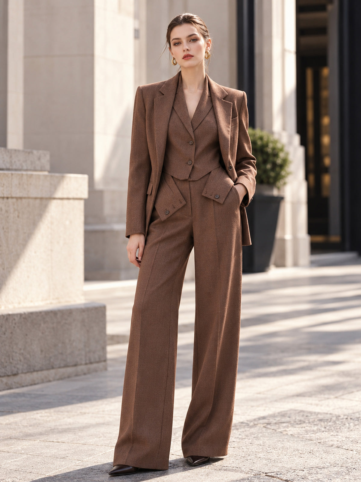 Brown Notch Lapel Blazer, Vest & Wide Leg Trousers 3-Piece Suit