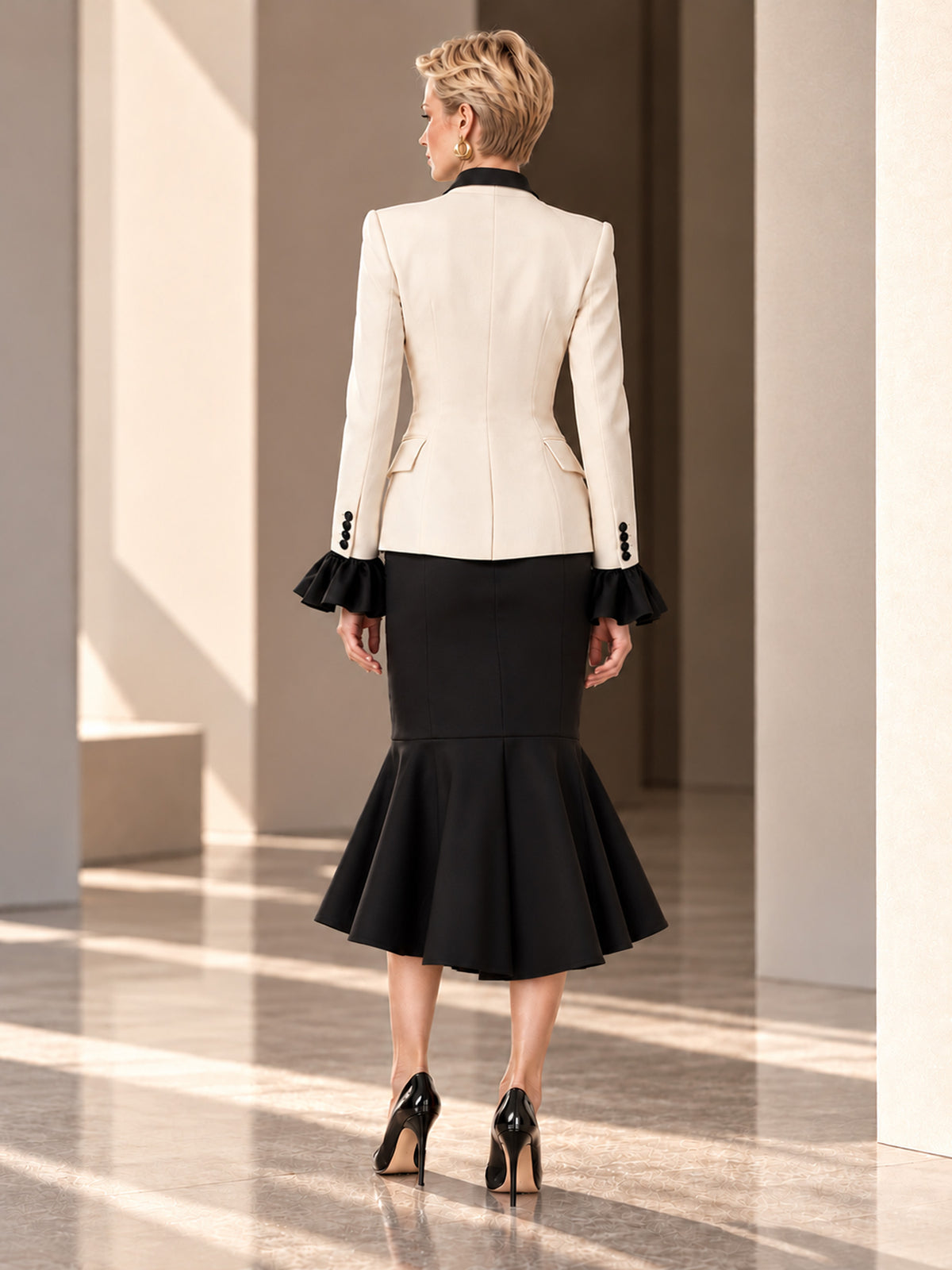 Cream Ruffle Cuff Collarless Blazer & Black Mermaid Skirt 2-Piece Suit