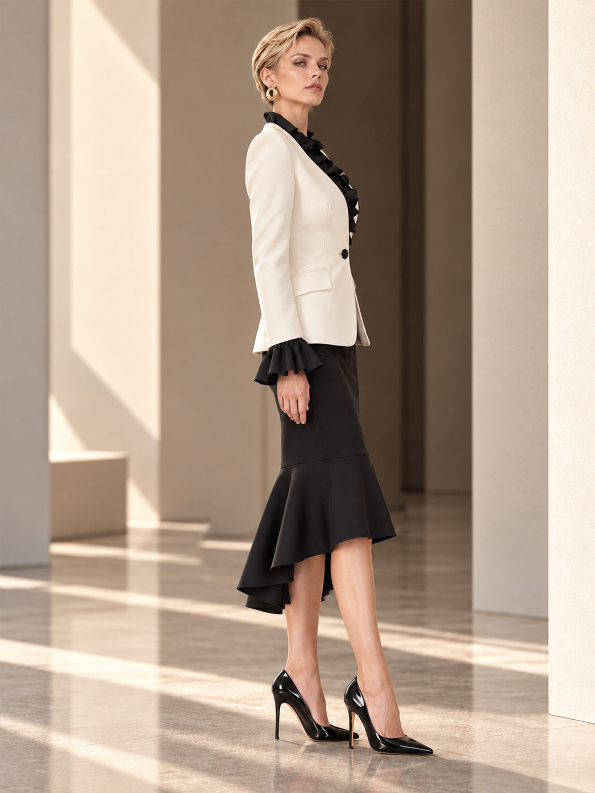 Cream Ruffle Cuff Collarless Blazer & Black Mermaid Skirt 2-Piece Suit