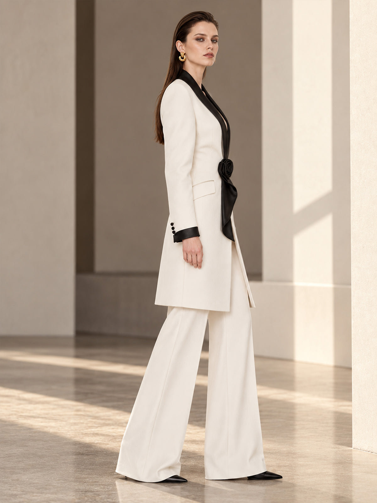 White Rose Decor Long Blazer & Wide Leg Pants 2-Piece Suit