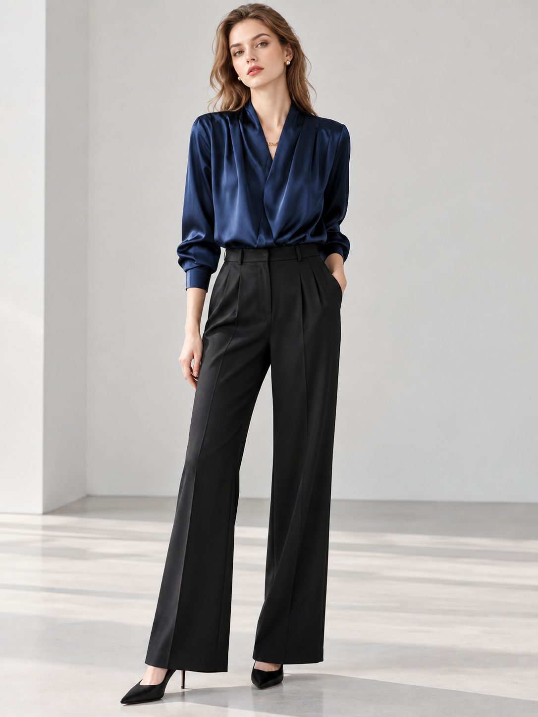 Dark Blue V-Neck Long Sleeve Satin Shirt