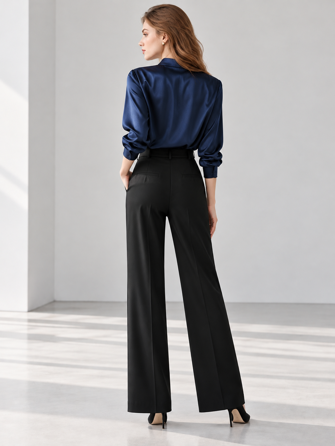 Dark Blue V-Neck Long Sleeve Satin Shirt
