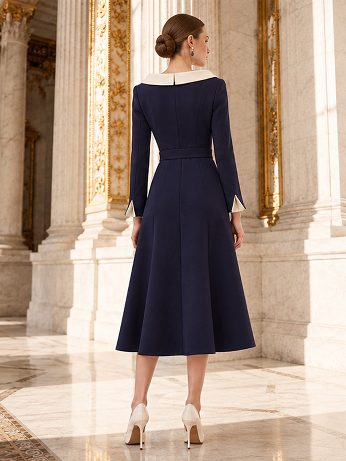 Navy Contrast Collar Belted Midi Dress