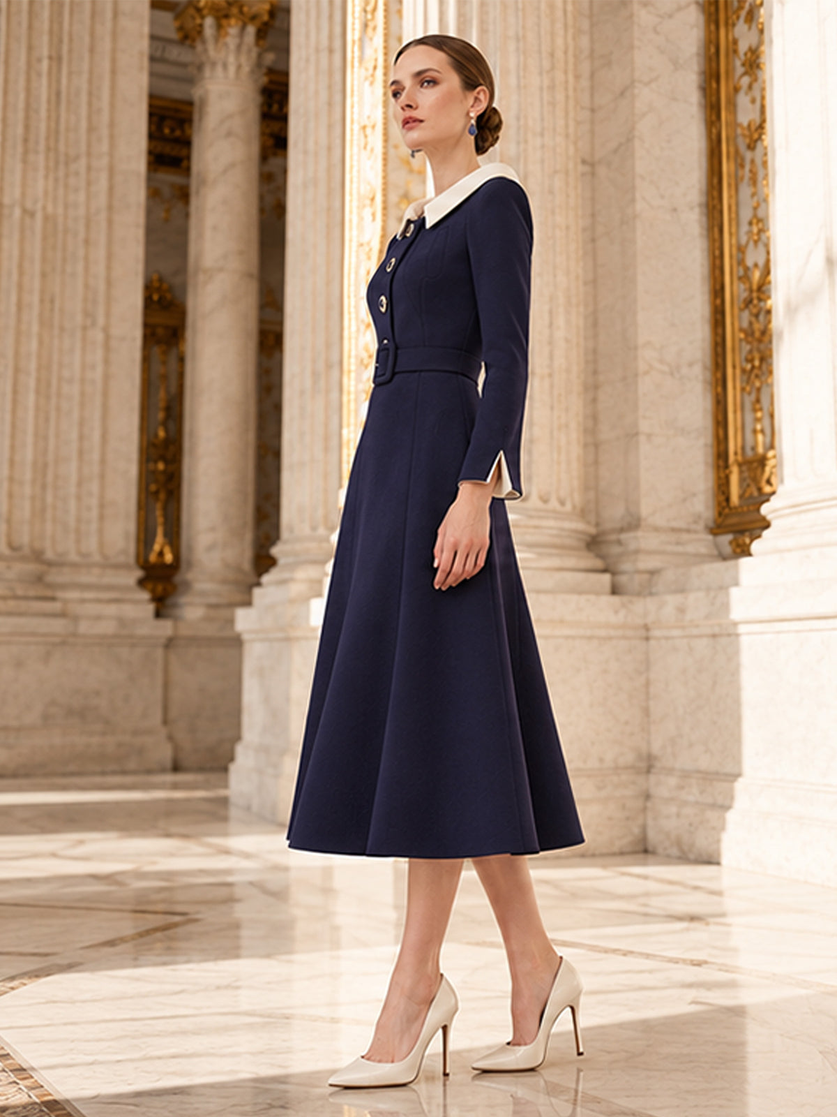 Navy Contrast Collar Belted Midi Dress