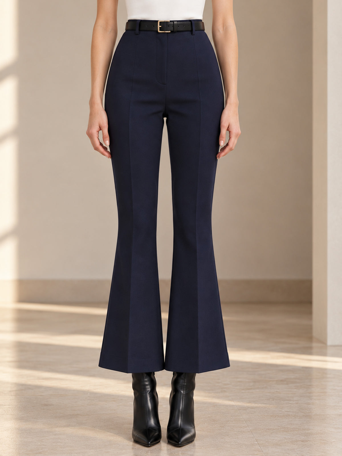 Navy Contrast Collar Peplum Blazer & Flared Pants 2-Piece Suit