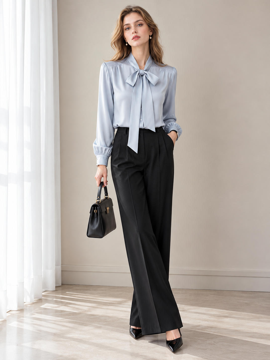 Camicia azzurra in raso con papillon