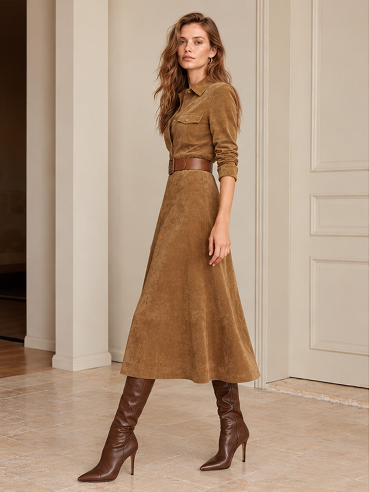 Tan Faux Suede Collared Shirt Midi Dress with Matching Waist Belt
