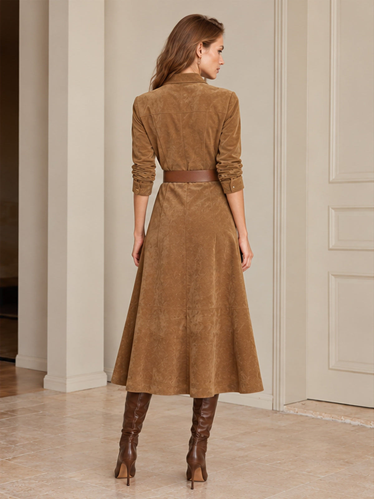 Tan Faux Suede Collared Shirt Midi Dress with Matching Waist Belt