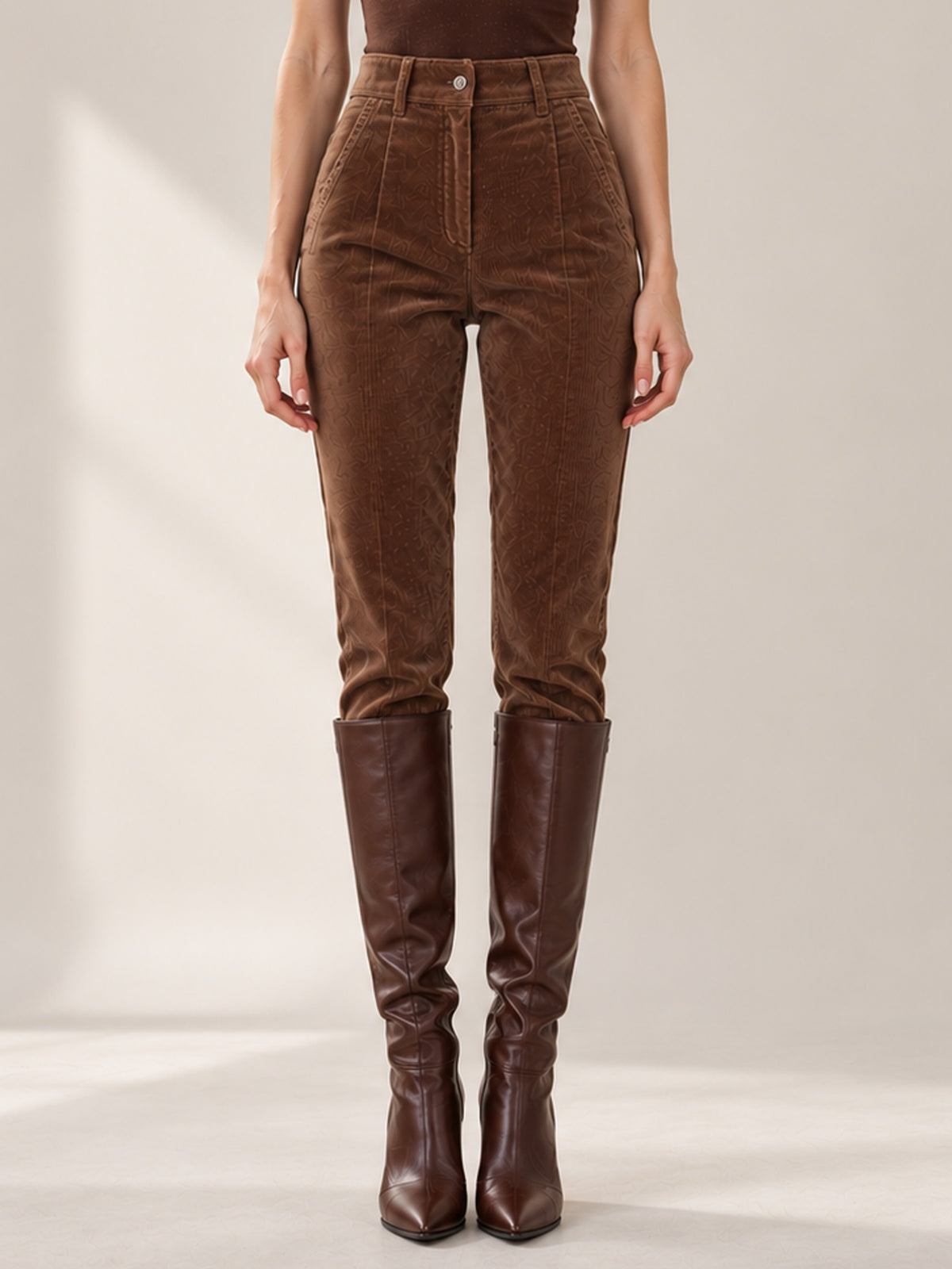 Brown Corduroy Collared Zip Cropped Jacket & High Waist Slim Pants 2-Piece Suit