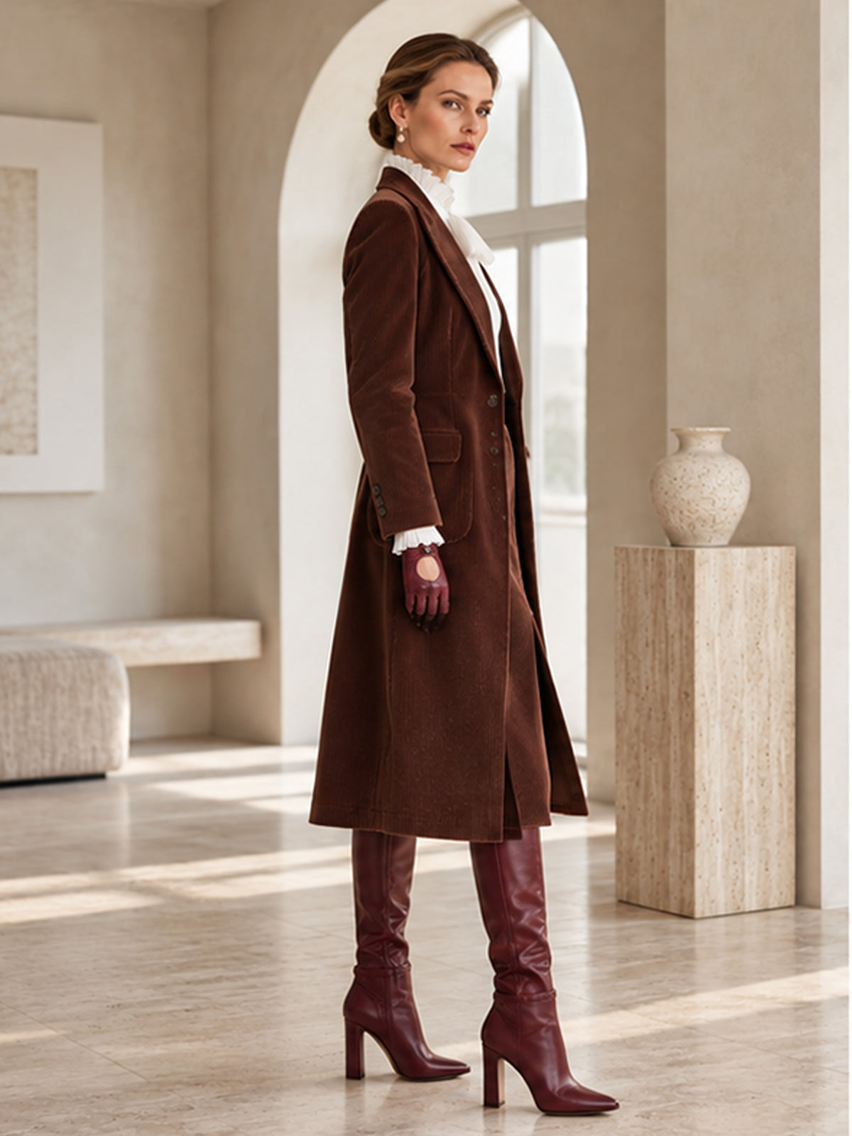 Brown Corduroy Notch Lapel Long Blazer & Front Slit Midi Skirt 2-Piece Suit