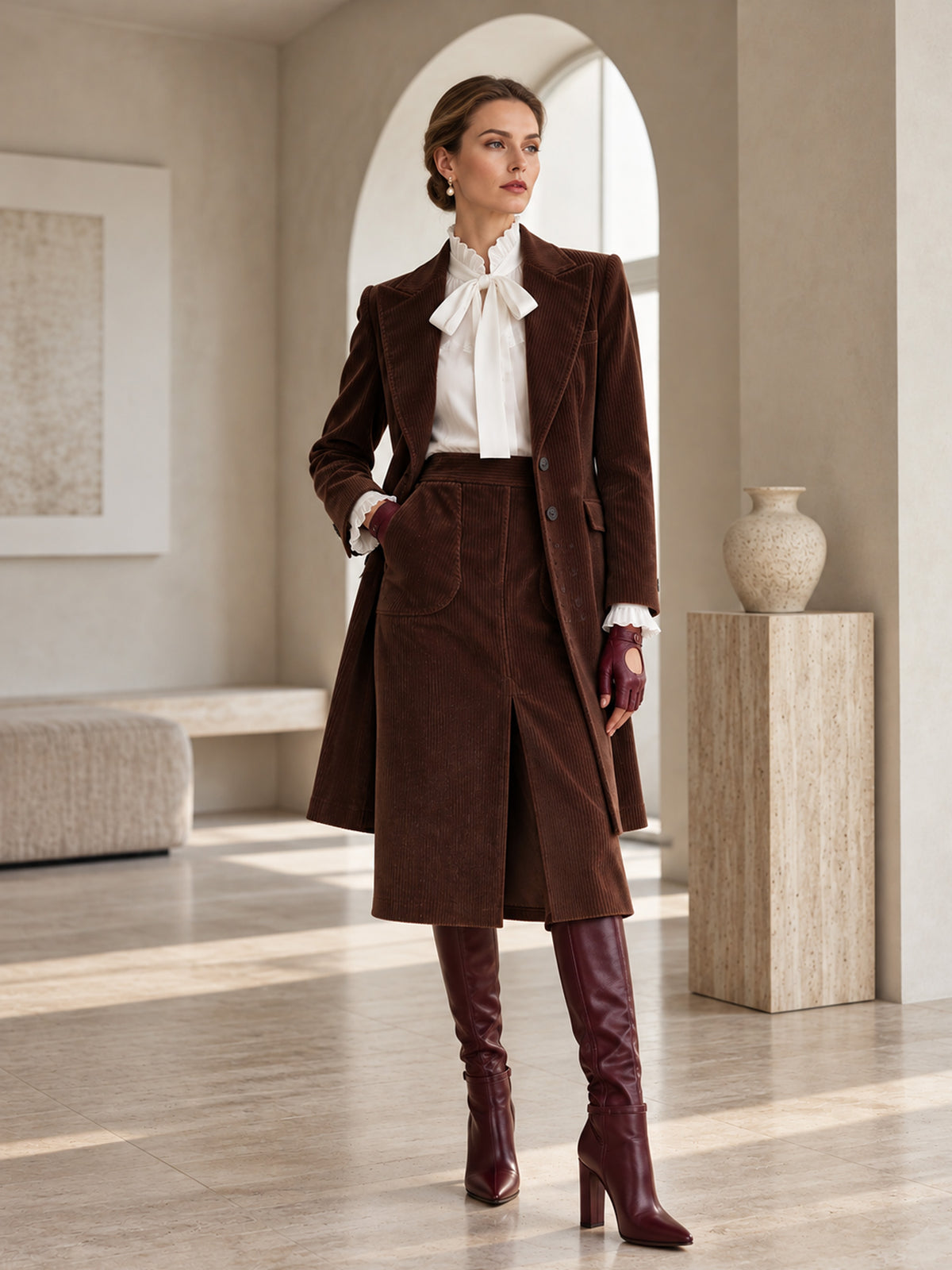 Brown Corduroy Notch Lapel Long Blazer & Front Slit Midi Skirt 2-Piece Suit
