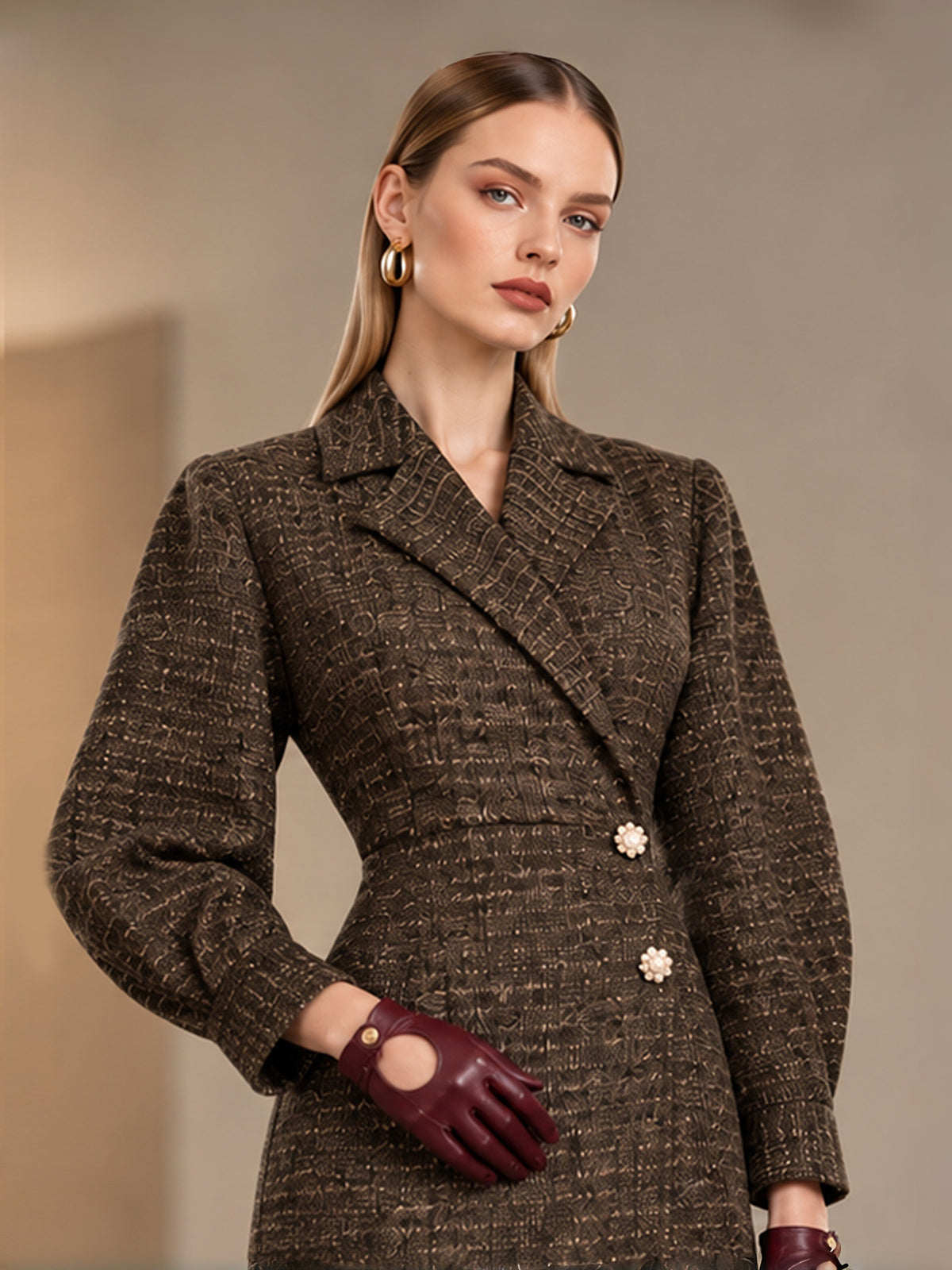 Brauner Tweed-Midimantel mit fallendem Revers, Puffärmeln und Perlmuttknöpfen