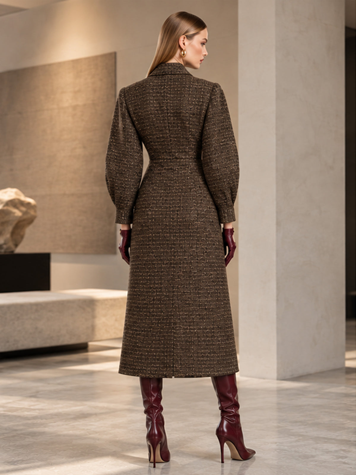 Brauner Tweed-Midimantel mit fallendem Revers, Puffärmeln und Perlmuttknöpfen