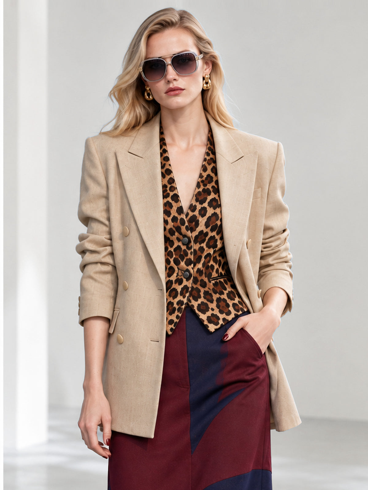 Bej Blazer, Leopar Yelek ve Renk Bloklu Midi Etek 3'lü Takım