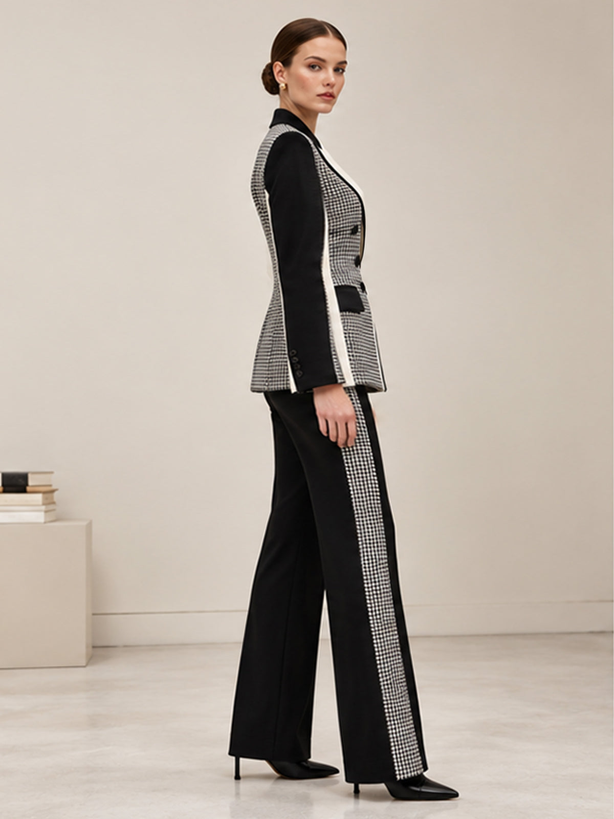 Black White Houndstooth Color Block Blazer & Wide Leg Pants 2-Piece Suit
