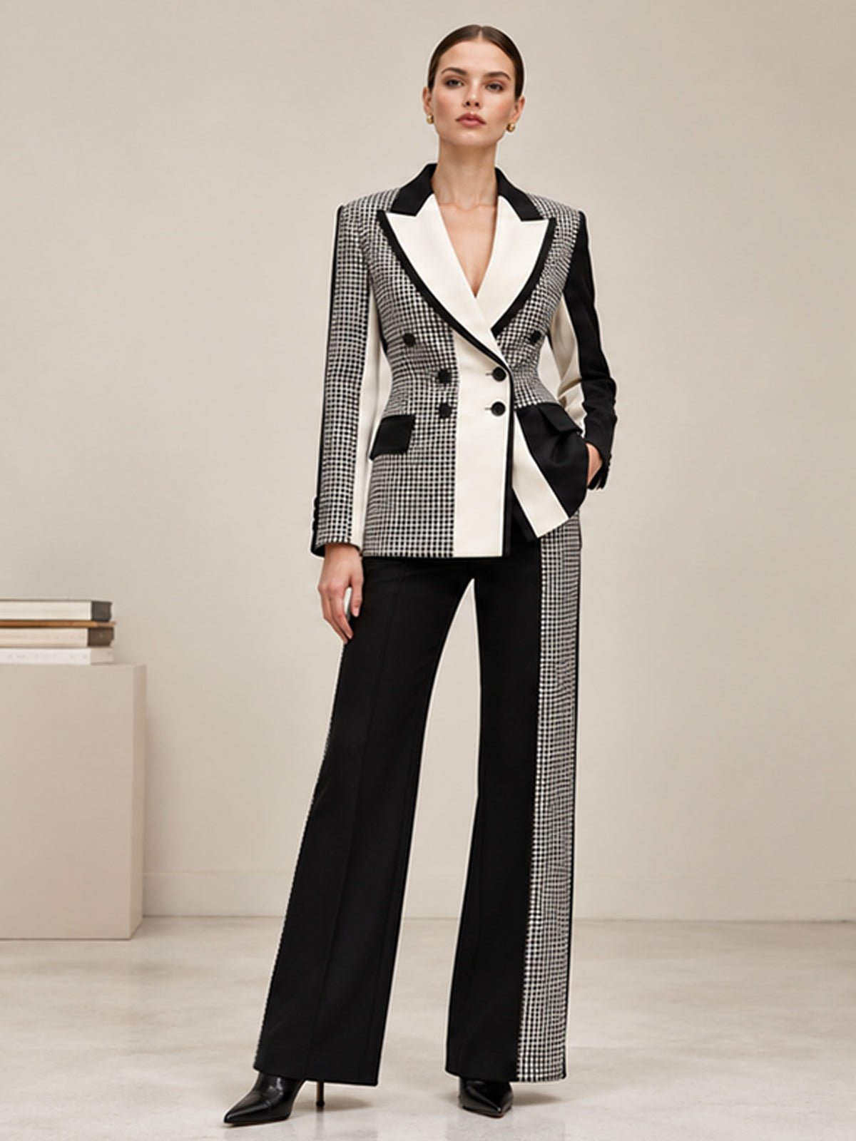 Black White Houndstooth Color Block Blazer & Wide Leg Pants 2-Piece Suit