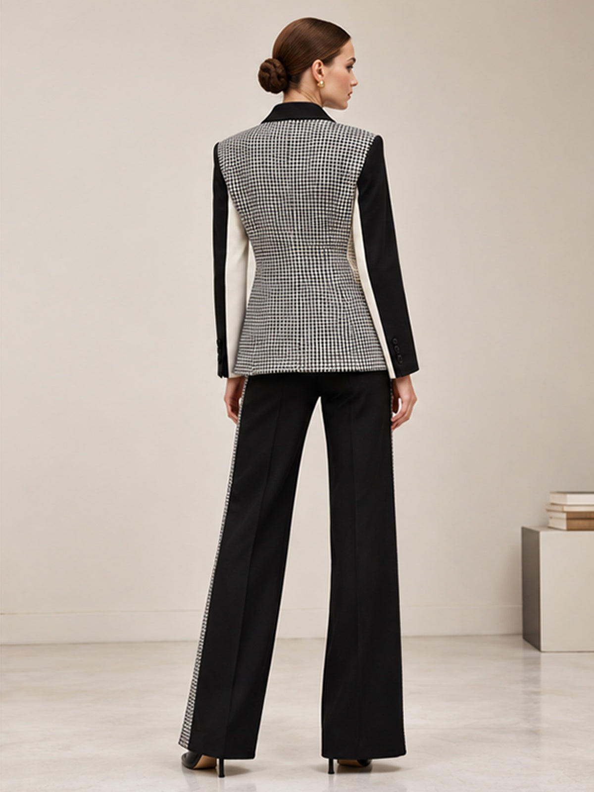 Black White Houndstooth Color Block Blazer & Wide Leg Pants 2-Piece Suit