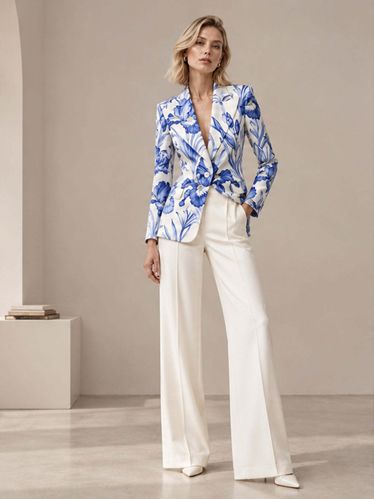 Completo 2 pezzi con blazer blu a revers a lancia con fiori e pantaloni bianchi sporco a gamba larga