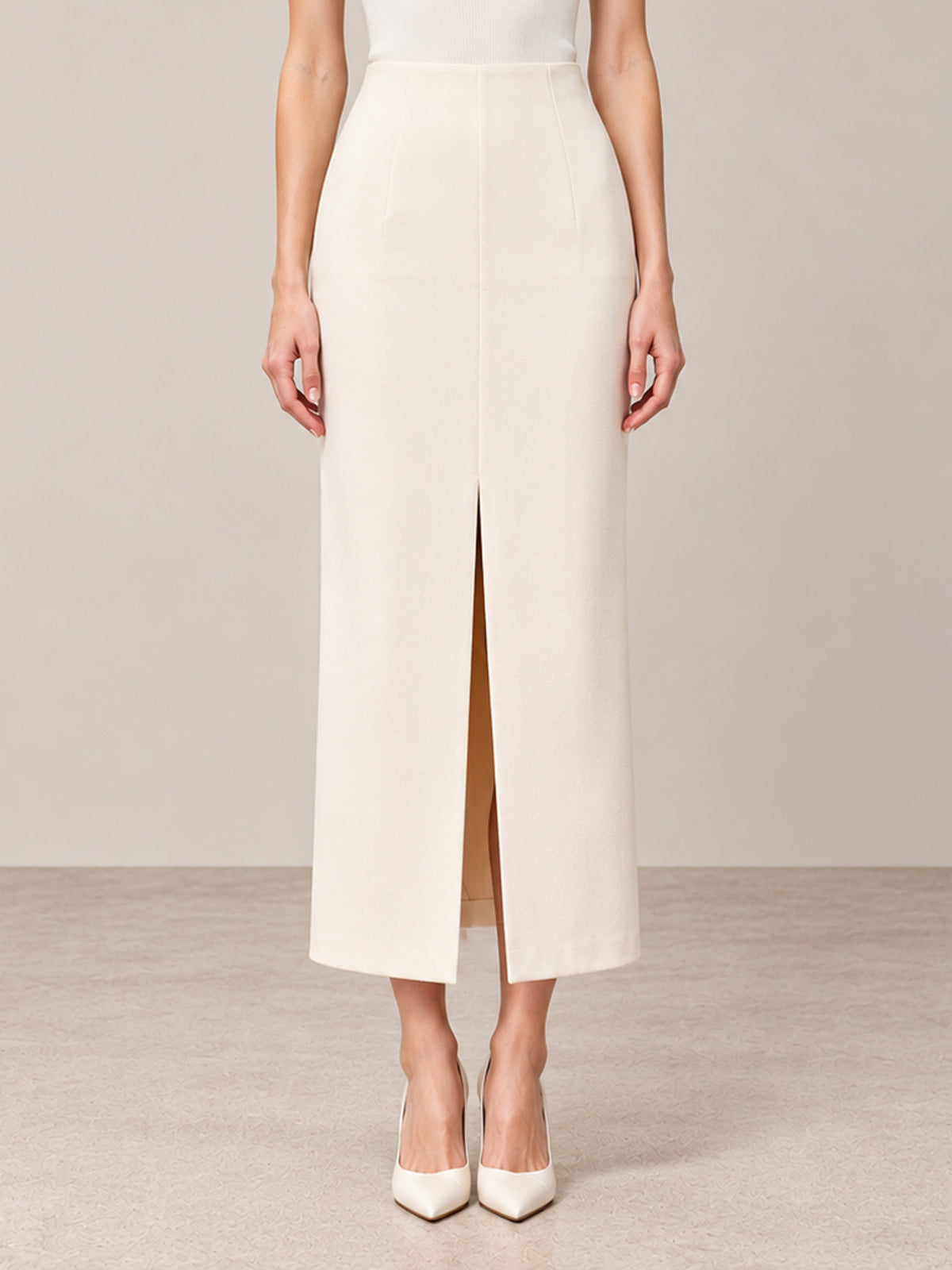 Cream Stand Collar Flare Sleeve Peplum Belted Jacket & Front Slit Midi Skirt 2-Piece Suit