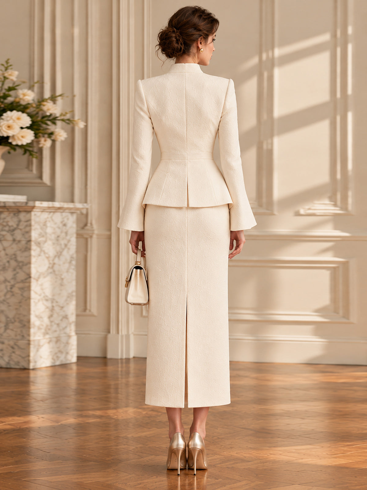 Cream Stand Collar Flare Sleeve Peplum Belted Jacket & Front Slit Midi Skirt 2-Piece Suit