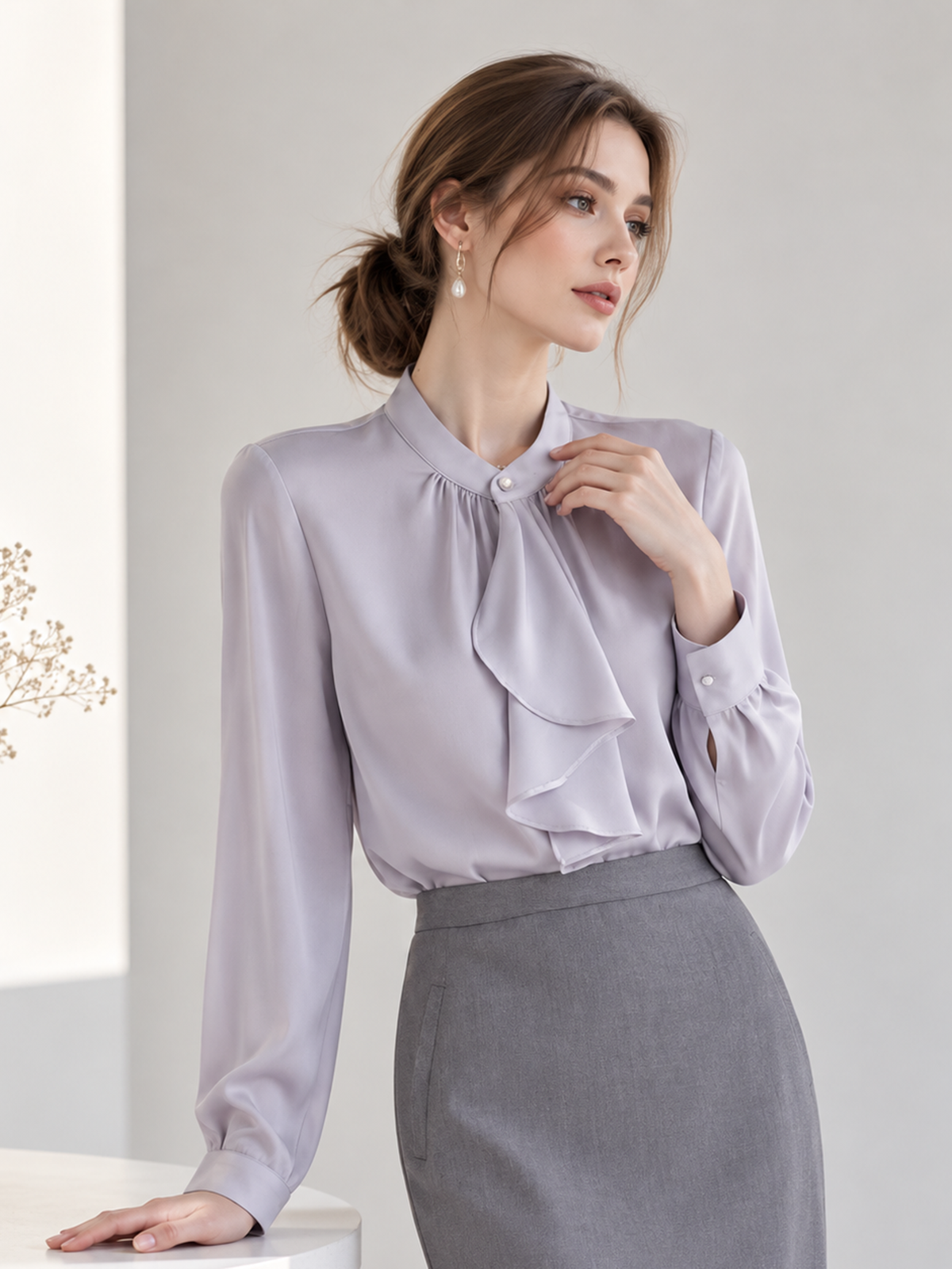 Lavender Stand Collar Ruffle Tie Business Shirt