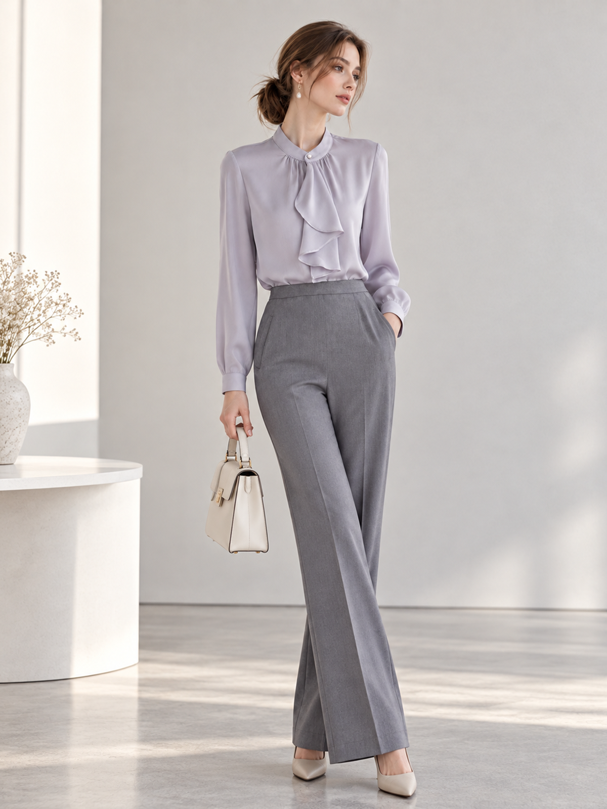 Lavender Stand Collar Ruffle Tie Business Shirt