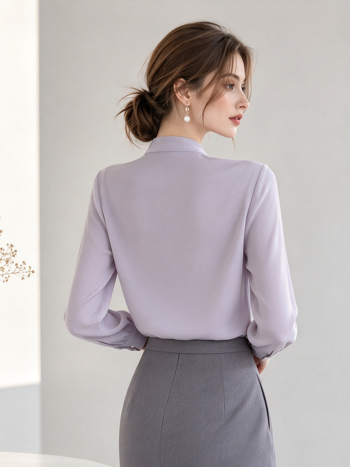 Lavender Stand Collar Ruffle Tie Business Shirt