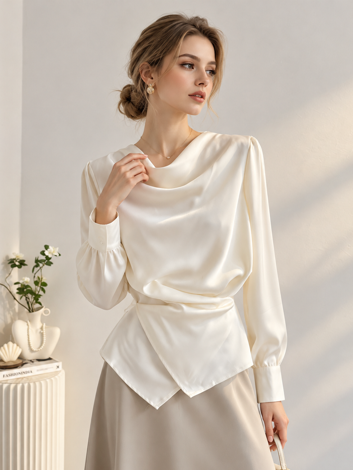 Camicia elegante color crema con scollo drappeggiato e effetto portafoglio