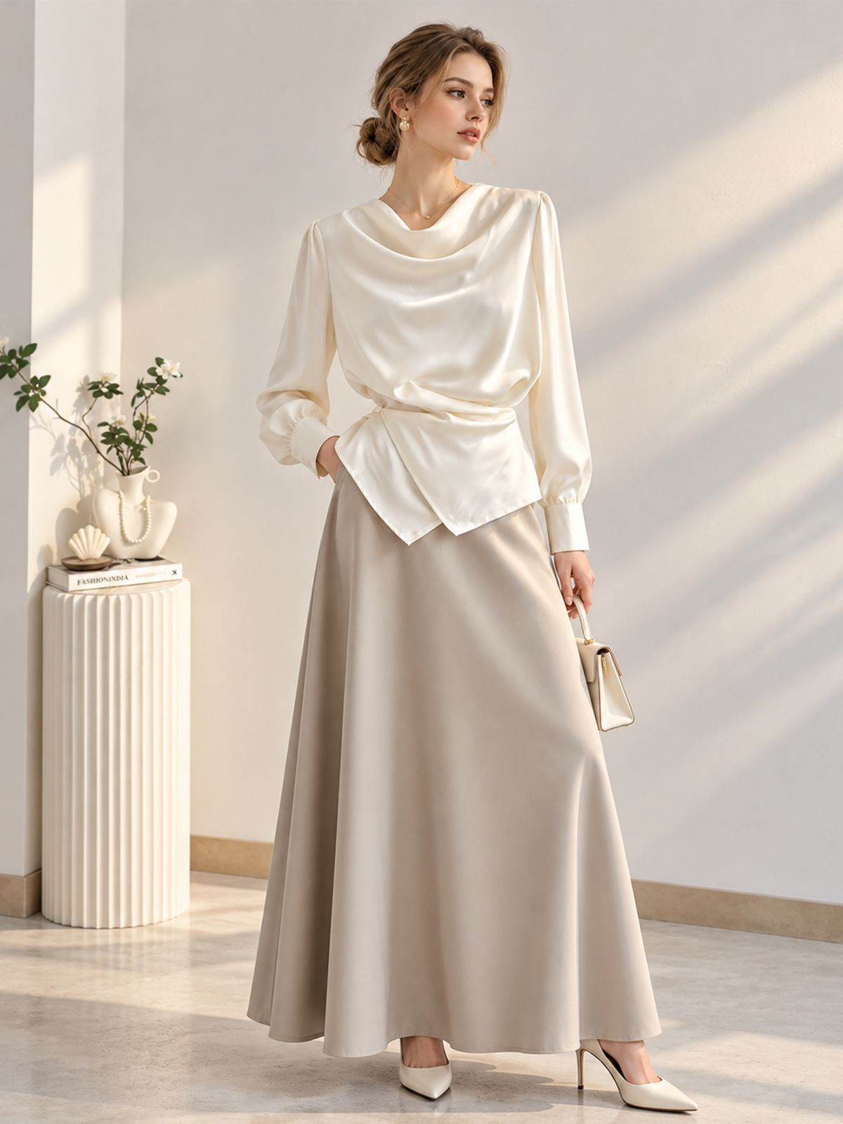 Camicia elegante color crema con scollo drappeggiato e effetto portafoglio