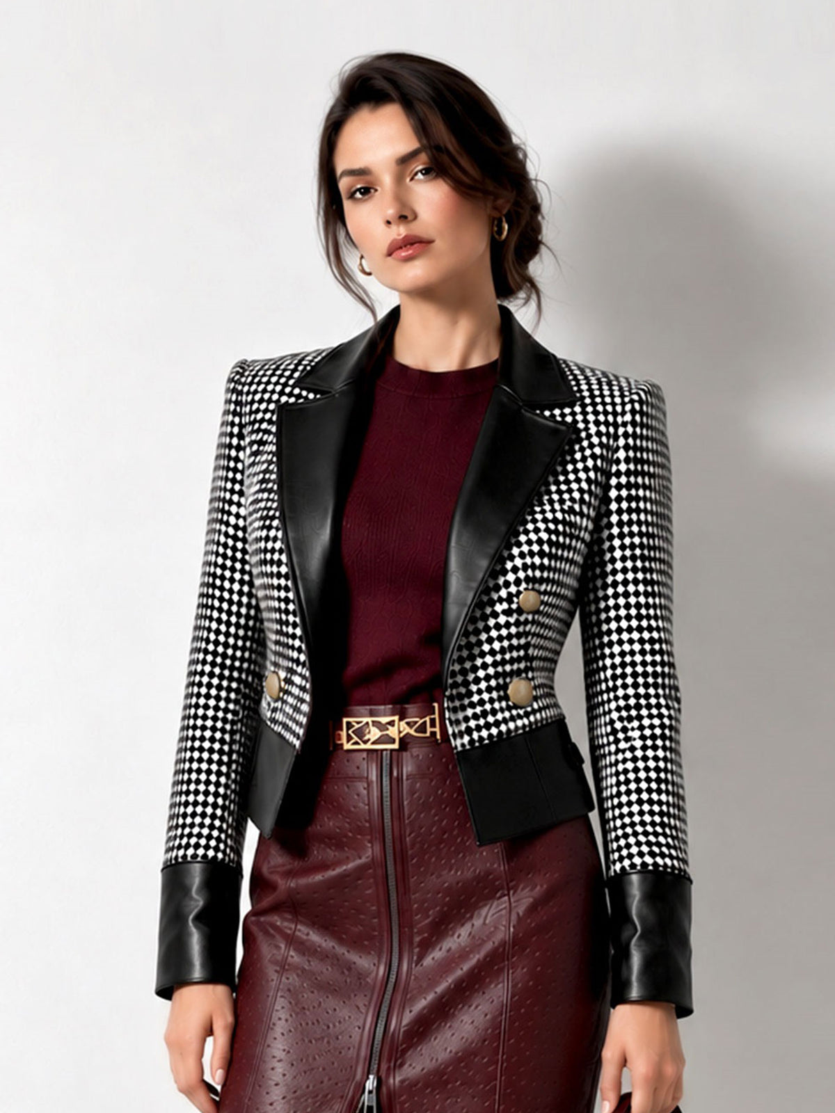 Houndstooth Faux Leather Trim Blazer & Burgundy Faux Leather Midi Skirt 2-Piece Suit